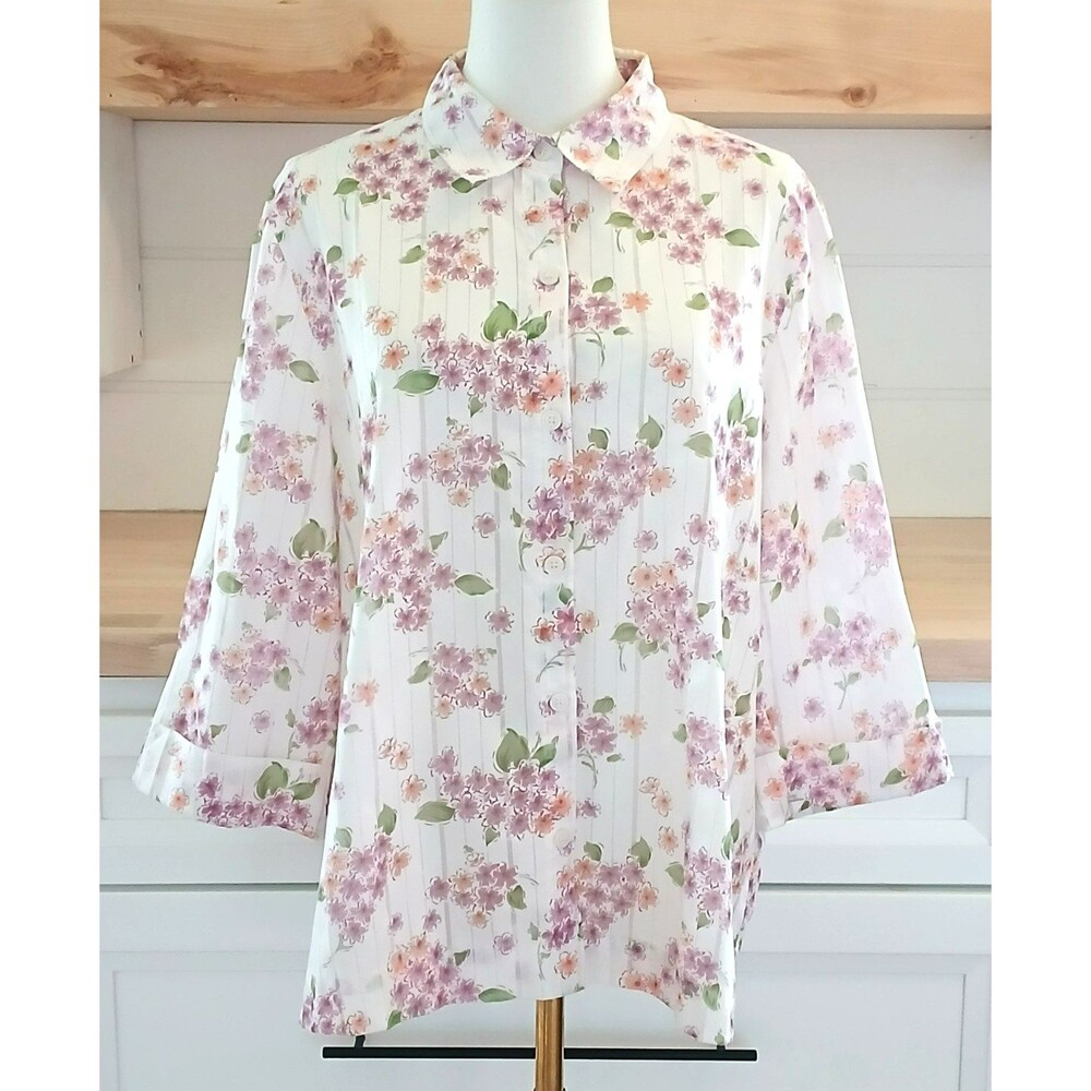 Alfred Dunner Women's Pink Floral Button Up Blouse Spring 3/4 Sleeve Simi Sheer